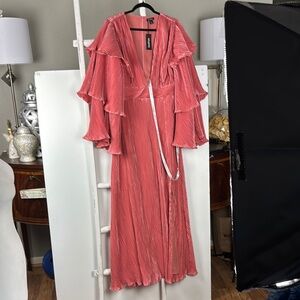 Boohoo Coral Pleated Maxi Dress NWT Sz 12 V neck, wedding formal